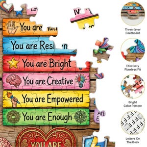 Puede incluir: Un rompecabezas colorido con frases motivadoras como "You are Bright" y "You are Creative". Las piezas del rompecabezas son de varias formas y colores, con ilustraciones y texto. El rompecabezas est&aacute; hecho de cart&oacute;n de tres capas.