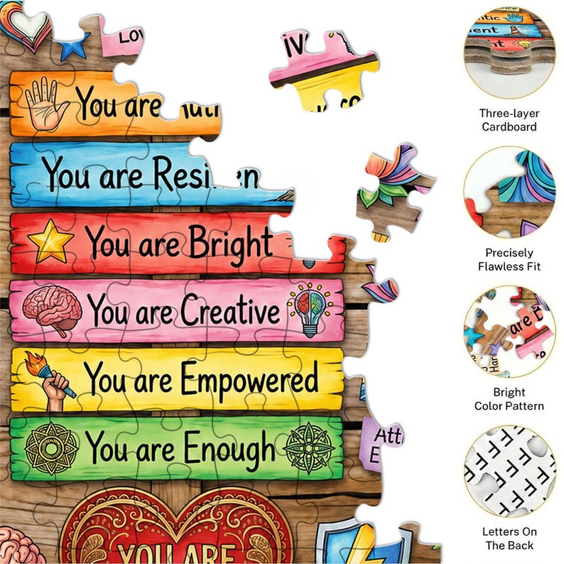 Puede incluir: Un rompecabezas colorido con frases motivadoras como "You are Bright" y "You are Creative". Las piezas del rompecabezas son de varias formas y colores, con ilustraciones y texto. El rompecabezas est&aacute; hecho de cart&oacute;n de tres capas.