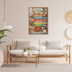 Puede incluir: Un letrero de madera enmarcado con las palabras "Daily Positivity" en la parte superior. El letrero presenta bloques de texto coloridos con afirmaciones positivas como "You are Authentic" y "You are Loved". Elementos decorativos incluyen estrellas, corazones y mariposas.