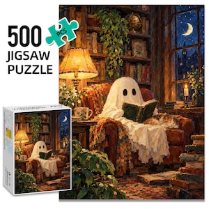 May include: A 500-piece jigsaw puzzle featuring an illustration of a ghost draped in a white sheet sitting in a patterned armchair reading a book. The scene includes a lamp, a bookshelf, a window with a crescent moon, and stacks of books.