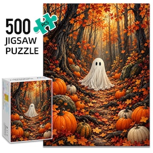 May include: A 500-piece jigsaw puzzle featuring a white ghost standing on a forest path covered in orange and red autumn leaves, surrounded by numerous orange and white pumpkins. The box displays the puzzle image with the text 500 JIGSAW PUZZLE.