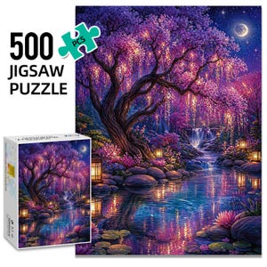 May include: A 500-piece jigsaw puzzle with a tranquil night scene. The image shows a large tree with purple and pink leaves, a flowing river, and lanterns. The puzzle box is visible, displaying the same image of the landscape.
