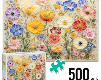 May include: A 500-piece jigsaw puzzle featuring a vibrant floral illustration of various colourful flowers including yellow, orange, red, blue, and pink blossoms with green stems and scattered translucent gems on a light background.