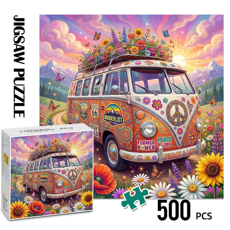 May include: A 500-piece jigsaw puzzle with a vibrant image of a retro van adorned with flowers, peace symbols, and the phrases "Flower Power" and "Peace & Love." The van is set in a field with butterflies and mountains in the background.