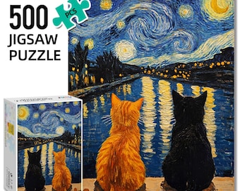 Rompecabezas de gato "Noche estrellada" de 500 piezas, rompecabezas para adultos con caja.
