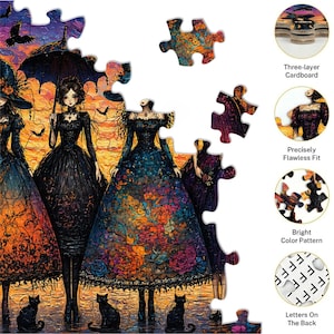 Puede incluir: Un rompecabezas parcialmente ensamblado con una ilustraci&oacute;n g&oacute;tica de mujeres con vestidos, gatos negros y murci&eacute;lagos. Las piezas del rompecabezas est&aacute;n hechas de cart&oacute;n de tres capas con un patr&oacute;n de colores brillantes. La parte posterior de las piezas tiene letras.