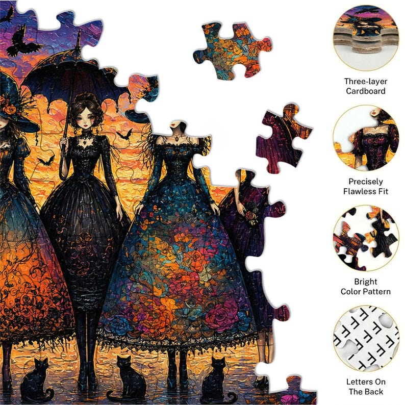 Puede incluir: Un rompecabezas parcialmente ensamblado con una ilustraci&oacute;n g&oacute;tica de mujeres con vestidos, gatos negros y murci&eacute;lagos. Las piezas del rompecabezas est&aacute;n hechas de cart&oacute;n de tres capas con un patr&oacute;n de colores brillantes. La parte posterior de las piezas tiene letras.