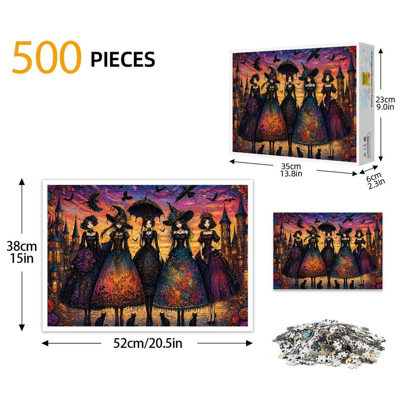 Puede incluir: Un rompecabezas de 500 piezas con una ilustraci&oacute;n de seis mujeres con vestidos y sombreros de bruja frente a un castillo. El rompecabezas ensamblado mide 52 cm de ancho y 38 cm de alto.
