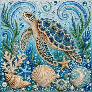 Può includere: Un'opera d'arte in diamond painting raffigurante una tartaruga marina che nuota tra correnti blu vorticose, alghe verdi, corallo bianco, stelle marine e varie conchiglie. La composizione è impreziosita da numerose perline scintillanti.