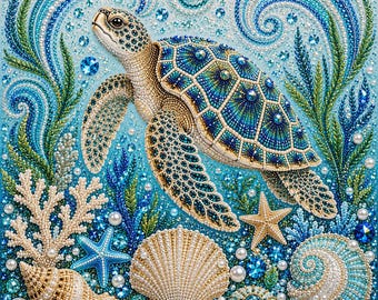 Coastal Sea Turtle Jigsaw Puzzle, Gold Blue Marine Art, 500 Piece Mosaic Decor