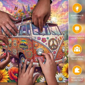 May include: A vibrant jigsaw puzzle depicting a retro orange and white van adorned with flowers and a peace symbol. The puzzle includes text that reads "Route 66", "Wanderlust", and "Stay Wild". Several hands are shown putting the puzzle together.