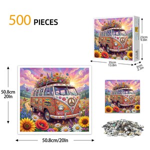 May include: A 500-piece jigsaw puzzle with a vibrant image of a retro van, adorned with flowers and a peace symbol. The completed puzzle is 50.8cm square. The box is 35cm wide and 23cm tall. The text on the van reads "Wanderlust".