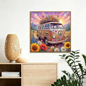May include: A framed print depicting a vibrant, vintage VW campervan decorated with flowers and a peace symbol. The image shows the van on a road surrounded by wildflowers, with a sunset, mountains, and butterflies, creating a peaceful scene.