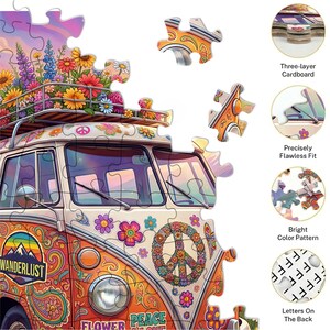 May include: A vibrant jigsaw puzzle depicting a retro van adorned with flowers and a peace symbol. The van is orange and white, with the word "Wanderlust" visible. The puzzle pieces are scattered, highlighting the three-layer cardboard construction.