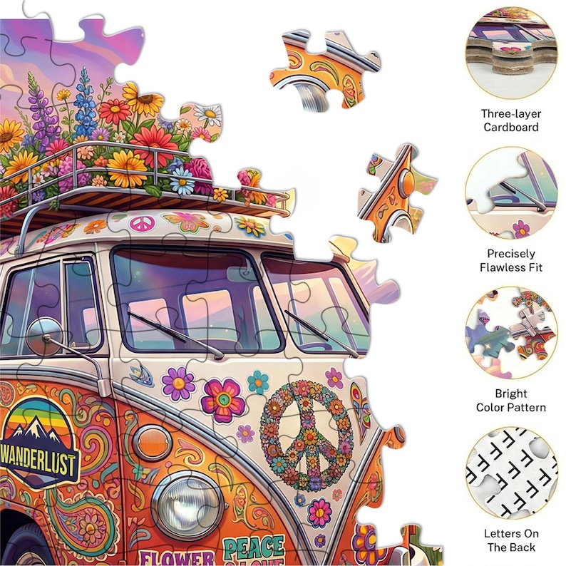 May include: A vibrant jigsaw puzzle depicting a retro van adorned with flowers and a peace symbol. The van is orange and white, with the word "Wanderlust" visible. The puzzle pieces are scattered, highlighting the three-layer cardboard construction.