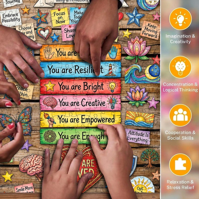Puede incluir: Un rompecabezas de madera con piezas coloridas y las palabras "You are" seguidas de afirmaciones positivas. El rompecabezas incluye im&aacute;genes de un cerebro, una bombilla y una mariposa. Se muestran manos ensamblando el rompecabezas.