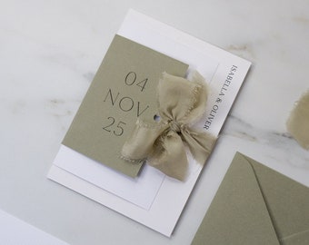 Sage Ribbon Wedding Invitation Suite | Unique, Modern, Minimal Wedding Invite Set, Vellum Details Card | With Envelopes, Choose colour