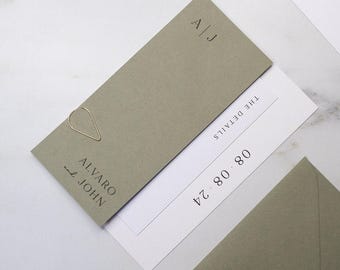 Elegante conjunto de invitaciones de boda minimalistas / Detalle de cinta de seda / Invitaciones de boda de lujo en tonos neutros, verde salvia, rosa empolvado y azul