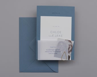 Conjunto minimalista de invitaciones de boda / Invitación de boda azul / Papel vitela