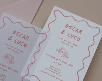 Invitación de boda ondulada, conjunto de invitaciones minimalistas, tarjeta de confirmación de asistencia y detalles, papel vitela o cartulina.