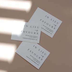 Charity Donation Cards | In Lieu of Favours | Printed Cards | Minimalist Wedding Table Decor Design 2