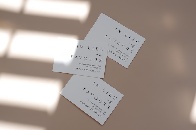 Charity Donation Cards | In Lieu of Favours | Printed Cards | Minimalist Wedding Table Decor Design 2