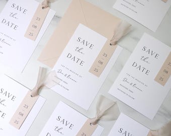 Tarjeta de invitación de boda con cinta, etiqueta minimalista, moderna y sencilla, incluye sobres.