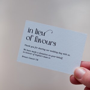 Charity Donation Cards | In Lieu of Favours | Printed Cards | Minimalist Wedding Table Decor image 2