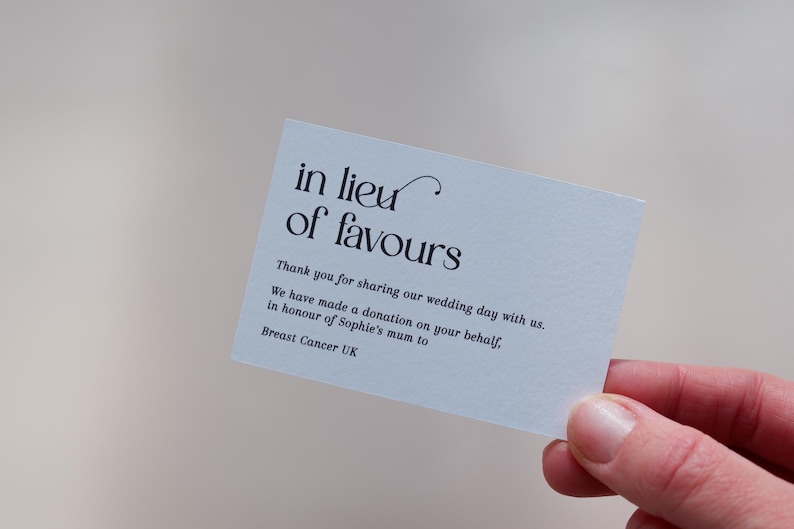Charity Donation Cards | In Lieu of Favours | Printed Cards | Minimalist Wedding Table Decor image 2