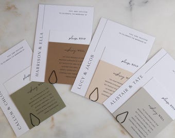 Invitación de boda minimalista con tarjeta de detalles, moderna invitación de boda neutra, papelería de boda en tonos crema y gris topo del Reino Unido.