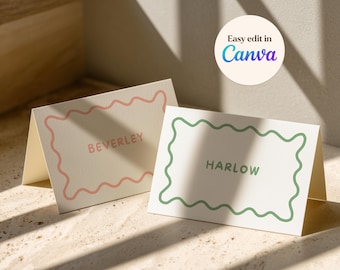 Plantilla de Canva para tarjetas de mesa onduladas, tarjetas de nombre plegadas y planas, tarjetas de acompañamiento con borde ondulado, marcadores de mesa imprimibles, plantilla de Canva para el Reino Unido