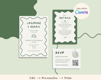 Plantilla de Canva para invitación de boda ondulada, conjunto de invitaciones de boda verdes, invitación minimalista, tarjeta de confirmación de asistencia y detalles, descarga digital editable.