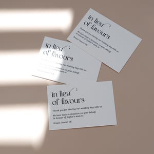 Charity Donation Cards | In Lieu of Favours | Printed Cards | Minimalist Wedding Table Decor image 4