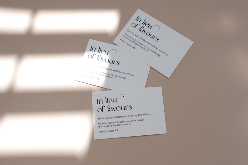 Charity Donation Cards | In Lieu of Favours | Printed Cards | Minimalist Wedding Table Decor image 4