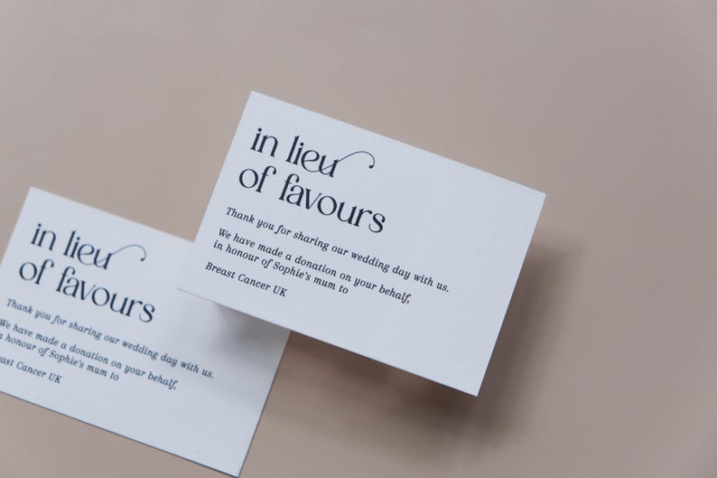 Charity Donation Cards | In Lieu of Favours | Printed Cards | Minimalist Wedding Table Decor Design 1