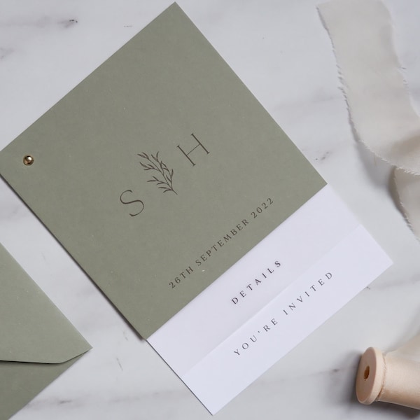 Sage Monogram Wedding Invitation suite | Botanical, Modern, Minimal Wedding Invite Set, Vellum Details Card | With Envelopes, Choose colour