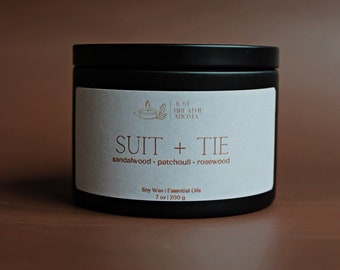 suit and tie aromatherapy candle | zaddy collection | sandalwood | patchouli | rosewood | essential oils candle | soy wax candle