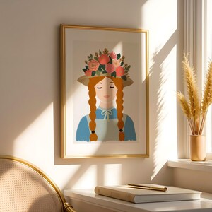 May include: A framed wall art print featuring a stylized illustration of a person with long orange braided hair, wearing a straw hat adorned with a vibrant bouquet of pink, red, and green flowers, a blue collared shirt, and a light-colored apron.