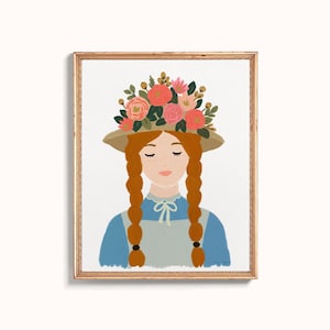 May include: A framed illustration of a person with ginger hair in two braids, wearing a tan hat adorned with a cluster of pink, red, and orange flowers with green leaves. The person wears a blue shirt with a white collar and a light gray apron.