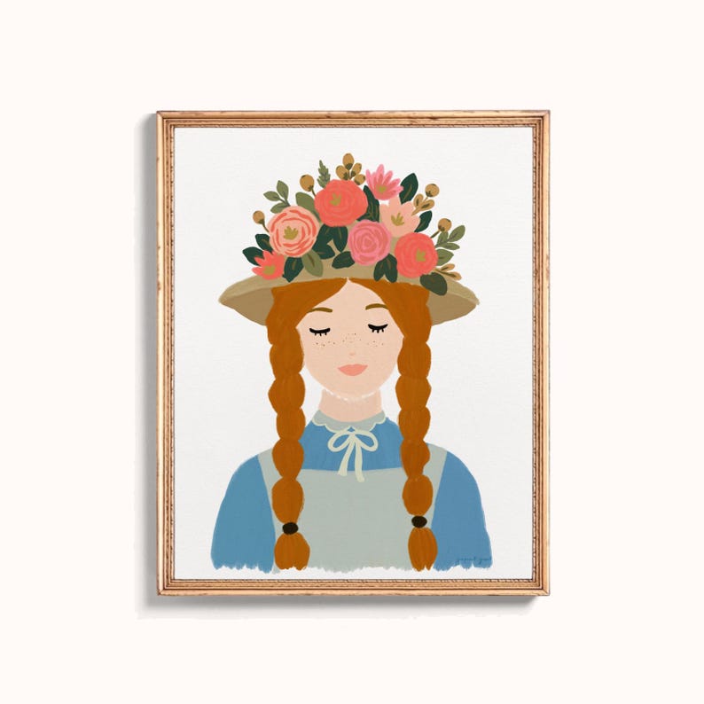 May include: A framed illustration of a person with ginger hair in two braids, wearing a tan hat adorned with a cluster of pink, red, and orange flowers with green leaves. The person wears a blue shirt with a white collar and a light gray apron.
