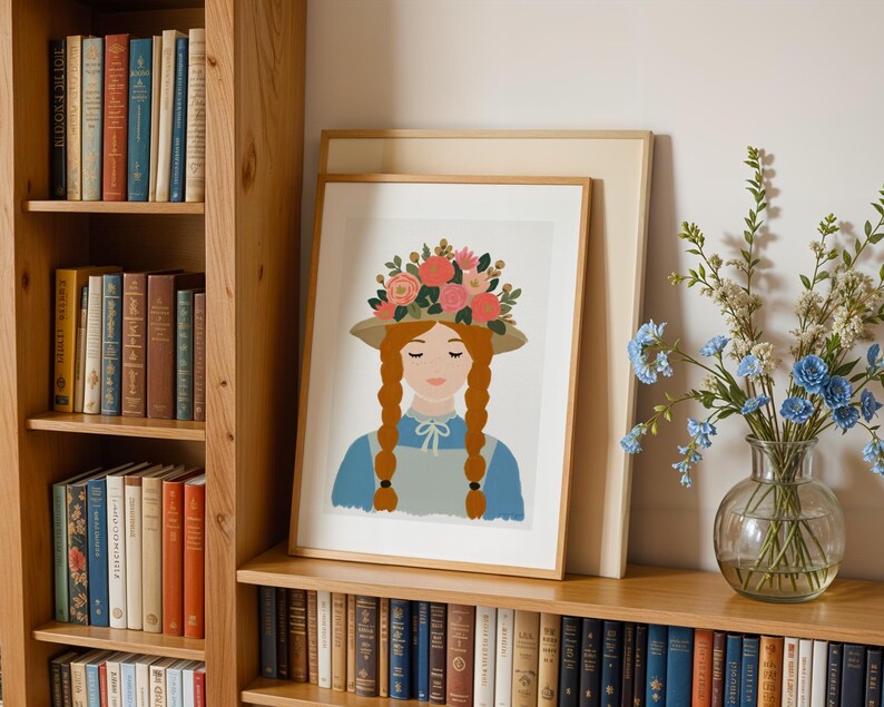 May include: A framed art print featuring a stylized illustration of a person with long ginger braids, wearing a straw hat adorned with a vibrant floral arrangement of pink, red, and orange flowers, a blue shirt, and a light gray apron against a white background.