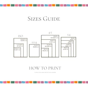 May include: A white informational chart titled SIZES GUIDE and HOW TO PRINT, featuring a colorful watercolor-style square border. The chart displays various paper dimensions in inches and centimeters for ISO, 11:14, 4:5, and 3:4 aspect ratios.