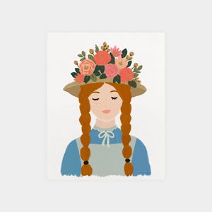 May include: An illustration of a person with ginger hair in two braids, wearing a tan hat adorned with pink, red, and orange flowers. The person has freckles, closed eyes, and wears a blue shirt with a white collar and a light gray apron.