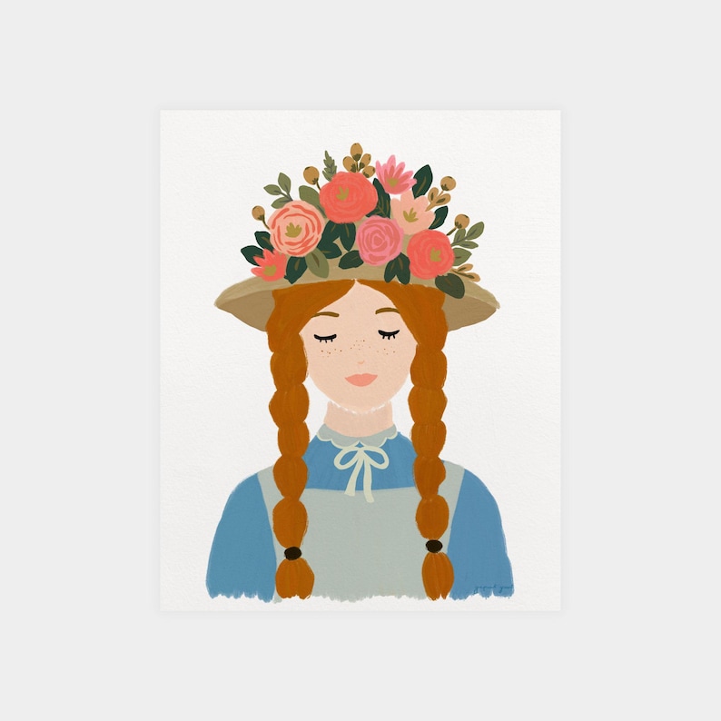 May include: An illustration of a person with ginger hair in two braids, wearing a tan hat adorned with pink, red, and orange flowers. The person has freckles, closed eyes, and wears a blue shirt with a white collar and a light gray apron.