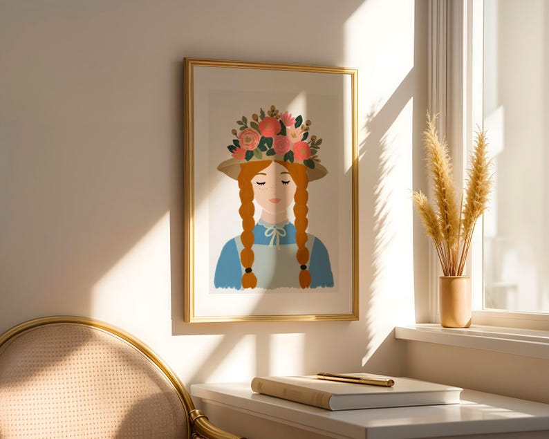 May include: A framed wall art print featuring a stylized illustration of a person with long orange braided hair, wearing a straw hat adorned with a vibrant bouquet of pink, red, and green flowers, a blue collared shirt, and a light-colored apron.