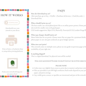 May include: An informational graphic with a colorful watercolor-style border. The left side features a 'HOW IT WORKS' section with icons for downloading, printing, and framing. The right side lists 'FAQ'S' regarding digital file downloads and printing.