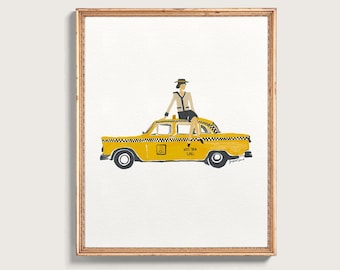 New York Taxi Art Print, Yellow Cab Manhattan Decor, Gouache Style Illustration (Digital Download)