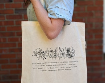 Marian Virtues: Catholic Tote Bag