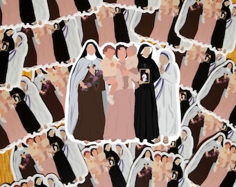 May include: A set of colorful stickers featuring illustrations of nuns and children. The stickers are printed on white paper and have a glossy finish.