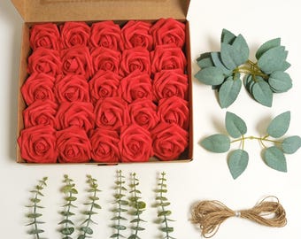 25 stuks rode schuim kunstrozen bloemen met stengel echt ogende schuimrozen bloemen bladeren voor thuis bruiloft keuken kantoor ideaal bruids interieur